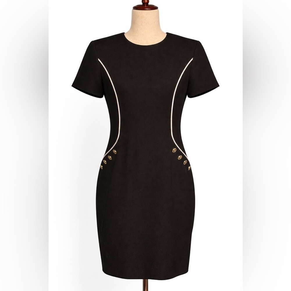 Vintage 80s Evan Picone black dress with white piping and gold buttons. 8P